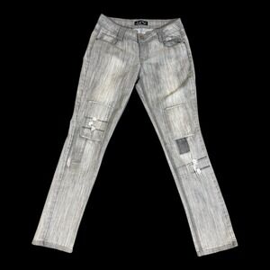 LEI Ashley Women's Juniors Size 7 Grey Low Rise Skinny Stretch Jeans Patches Y2K